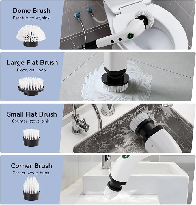 Electric Bathroom Cleaning Brush Cordless Shower Scrubber SD-CTB01 | Spin Scrubber Full Body Waterproof IPX7 with Adjustable Handle, 8 Replaceable Brush Heads for Bathtub/Kitchen/Window/Home