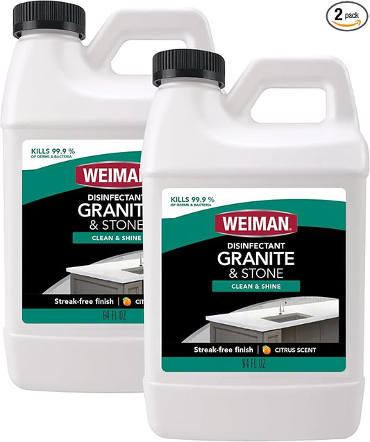 Weiman Disinfecting Granite and Stone Countertop Cleaner and Polish - Safely Cleans & Shines Marble, Quartz Quartzite Slate, Limestone, Corian, Laminate Tile, 64 Oz, 2 Pack