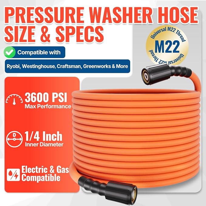 YAMATIC Heavy Duty Pressure Washer Hose 25 FT 1/4", 3600 PSI M22-14mm | 2x Wear-Resistant For Home Car Wash Driveway Patio Clean, Replacement For Ryobi Troy-Bilt Greenworks Craftsman