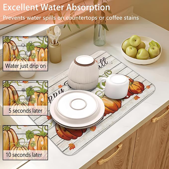 Fall Dish Drying Mat 2-Pack Happy Fall Y'all for Kitchen Counter Dishes | Diatom Mud Mats (18x24, 19.5x12"). Non-slip rubber back for kitchen counter, coffee bar & sink scenes