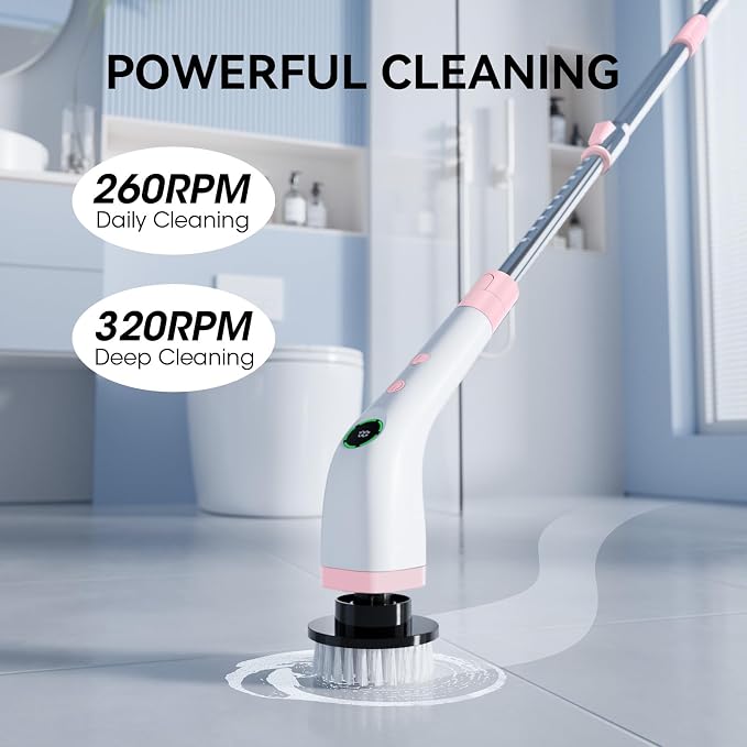 Electric Bathroom Cleaning Brush Cordless Shower Scrubber SD-CTB01 | Spin Scrubber Full Body Waterproof IPX7 with Adjustable Handle, 8 Replaceable Brush Heads for Bathtub/Kitchen/Window/Home