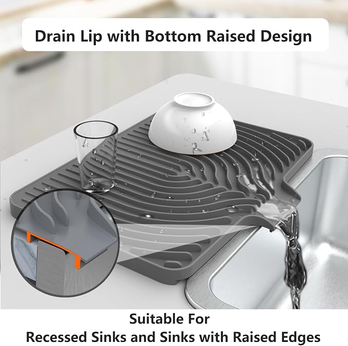 Dish Drying Mat for Kitchen Counter, with Built-in Drain Lip, Food-Grade Silicone, Easy Clean Pad for Countertop Protection, Multi-Functional Use (18 x12 Raised Sink, Grey)