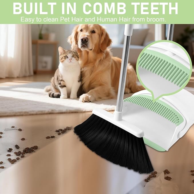 Broom with Dustpan Combo Set for Home, 52-in Long Adjustable Handle Angle Broom and Dustpan Set with Dustpan Comb Teeth for Sweeping Pet Hair Food Dirt Kitchen (White-Green)