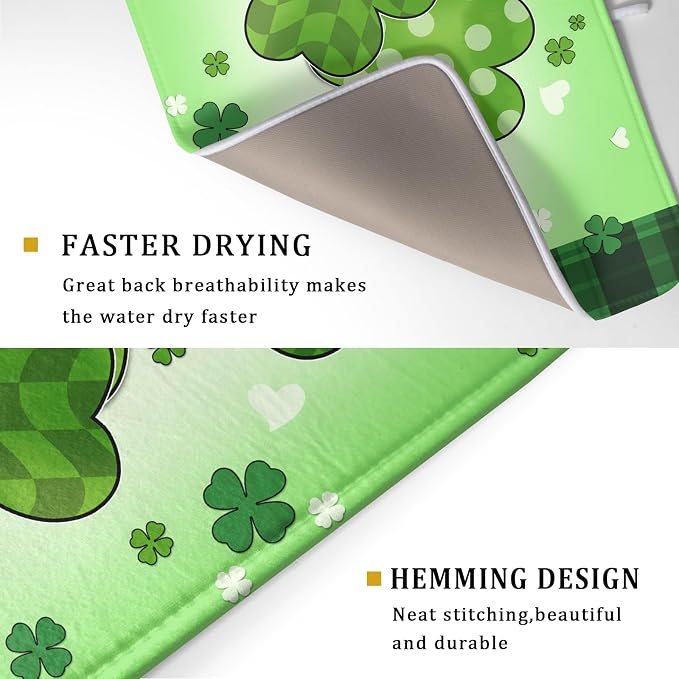 St Patricks Day Shamrocks Lucky Clovers Dish Drying Mat for Kitchen Counter St Patrick's Day Decorative Drying Pad 18x24 Inch Irish Green Buffalo Check Plaid Drying Dish Mats for Countertop Coffee Bar