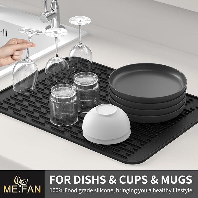 ME.FAN Silicone Dish Drying Mat for Kitchen Counter, Dish Drying Pad for Sink, Refrigerator or Drawer, Countertop Protection Pad M - 16''×12'' - Black