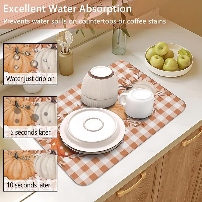 Fall Dish Drying Mat 2-Pack Gingham Pumpkin for Kitchen Counter Dishes | Diatom Mud Mats (18x24, 19.5x12"). Non-slip rubber back for kitchen counter, coffee bar & sink scenes