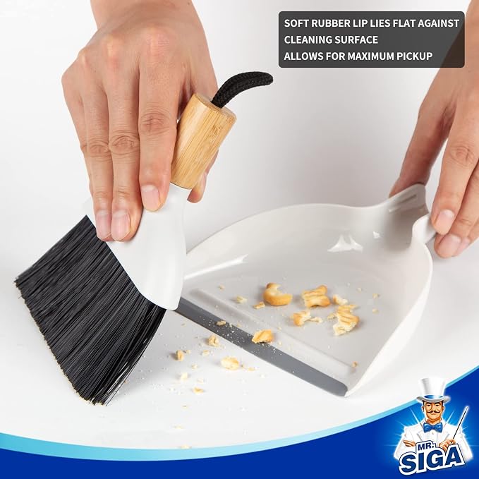 MR.SIGA Mini Dustpan and Brush Set, Bamboo Handle, White, 1 Set | Portable cleaning brush and dustpan combo, handheld brush and dustpan combo with hanging loop