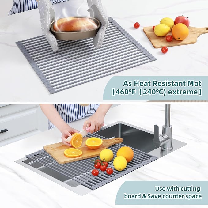 Ohuhu Over Sink Dish Drying Rack Silicone Wrapped 17.6" W x 15.4" L Large Over the Sink Roll Up Dish Drainer - Foldable Sink Drying Rack Rolling Drain Mats Anti-Slip Multipurpose for Kitchen Counter
