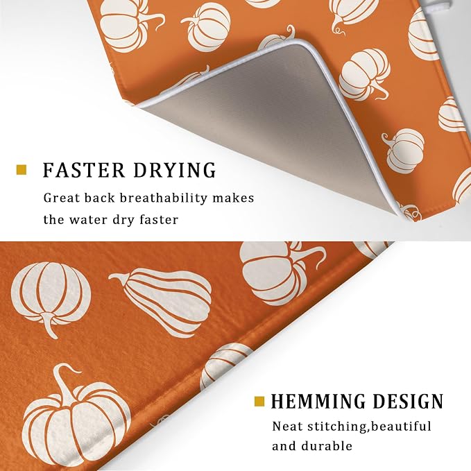 Fall Dish Drying Mat for Kitchen Counter Autumn White Pumpkins Festival Microfiber Absorbent Dish Draining Reusable Washable Foldable Extra Large 18"x24"