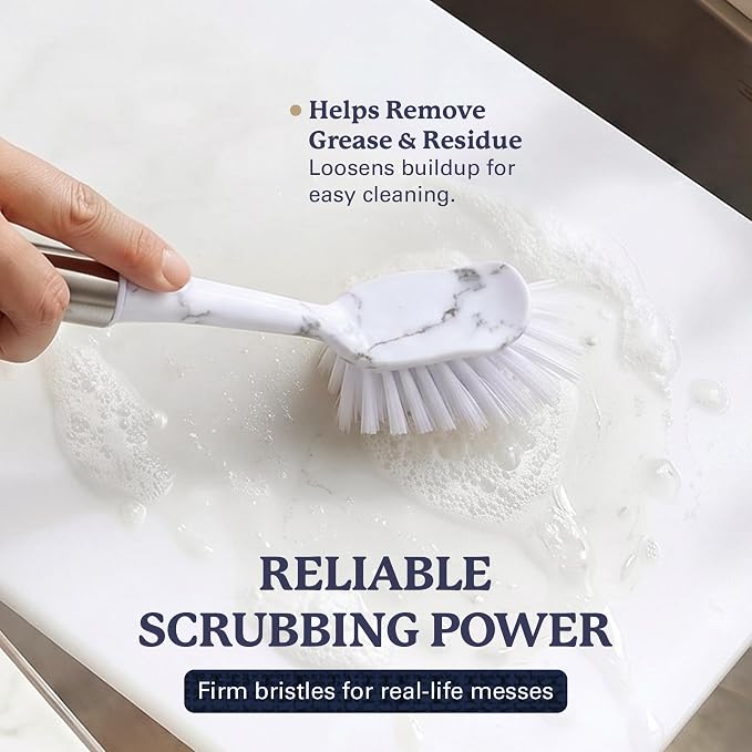 Farberware Dish Brush with Handle, 2 Pack, Firm Bristles | Kitchen scrub brush and dish scrubber removes grease, reaches pot and pan edges, 10in, rectangle head, scraper tip