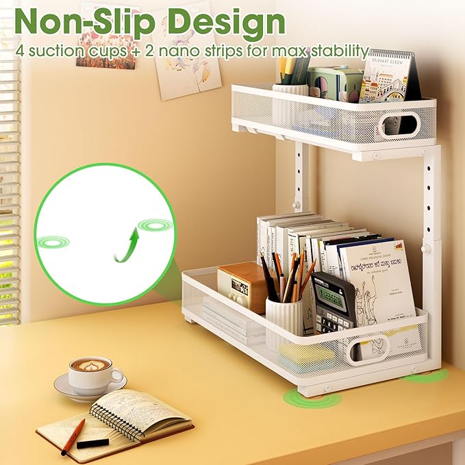 Under Sink Organizer 2-Pack, Metal 2-Tier Pull-Out Cabinet Shelf with Slide-Out Mesh Drawers, Height Adjustable, Space-Saving Under Sink Storage Racks for Kitchen, Bathroom, Laundry Room, White