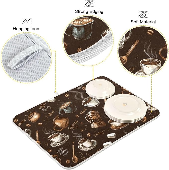 Coffee Beans Dish Drying Mat for Kitchen Counter 18 x 24 Inch Absorbent Microfiber Dry Dishes Mats Drainer Mat Dish Drying Pad for Countertops