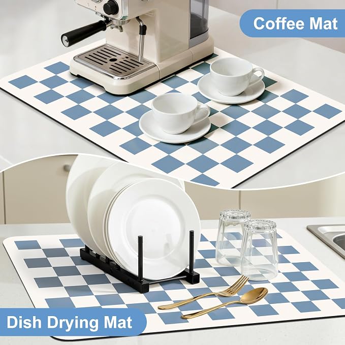 Clinuse Coffee Mats, 19"x12" Checkered Dish Drying Mat for Kitchen Counter, Quick Dry Mat, Diatomite Absorbent Aesthetic Large Drying Mats for Coffee Bar - Blue White