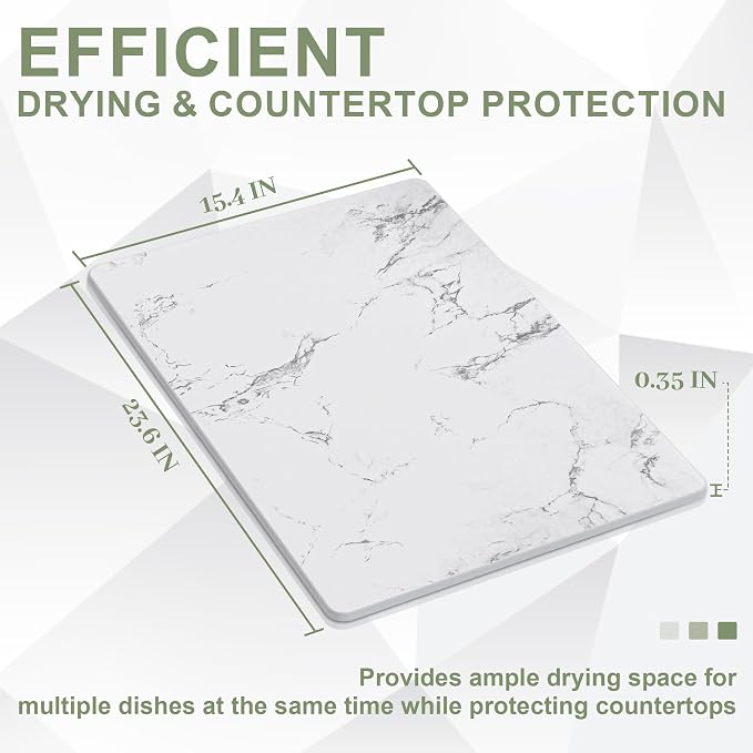 Large Stone Drying Mat for Kitchen Counter, 24" × 16" Diatomite Dish Drying Mat, Quick Dry Stone Mats, Ultra Absorbent Natural Diatomaceous Earth Mats for Dished, Bottles, White Marble