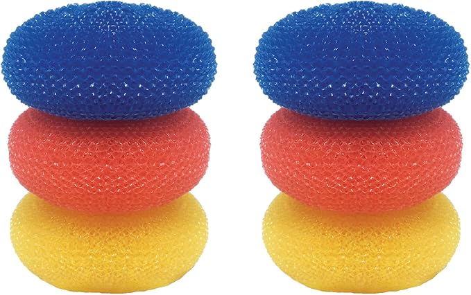 LOLA Jumbo 4" Plastic Mesh Scouring Pads, 6 Pack, Non-Scratch, Great for Pots, Dishwashing, Sinks, Appliances, Assorted Colors