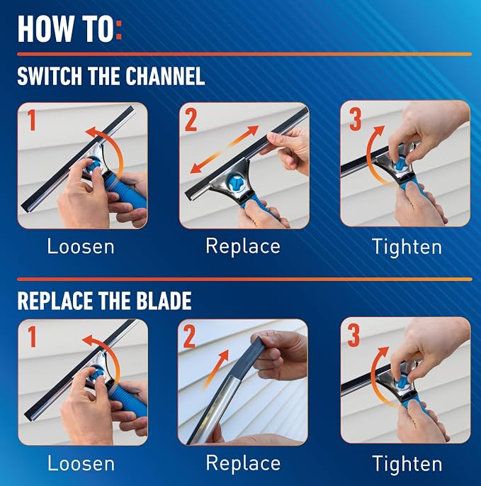 Unger Professional Connect and Clean 18” EZ Change Window & Glass Cleaning Squeegee,Large-and Small Windows,Rubber Blade Tool for Streak-Free Results,Includes 12” Channel,(Pack of 6)
