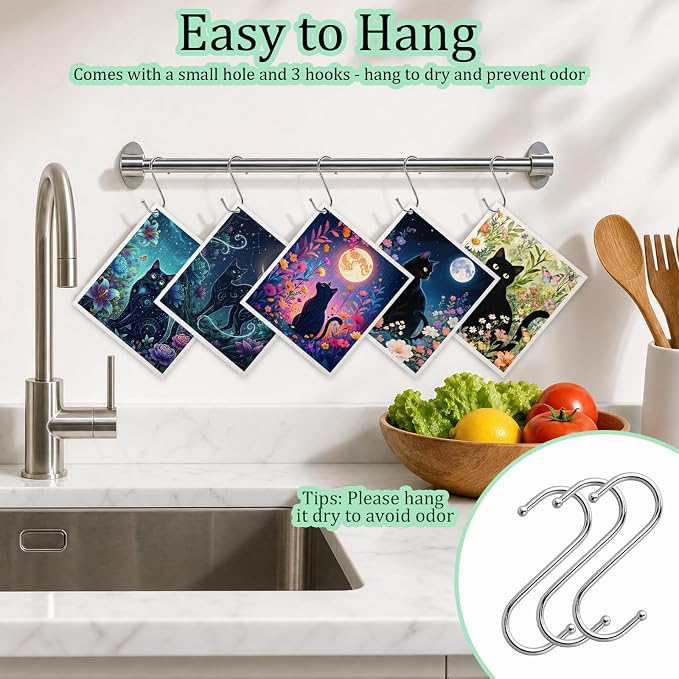 Swedish Dishcloths for Kitchen 5 Pack Black Cat Reusable Paper Towels with 3 Hooks Absorbent Washable Dish Cloth Set Cleaning Cloth for Housewarming