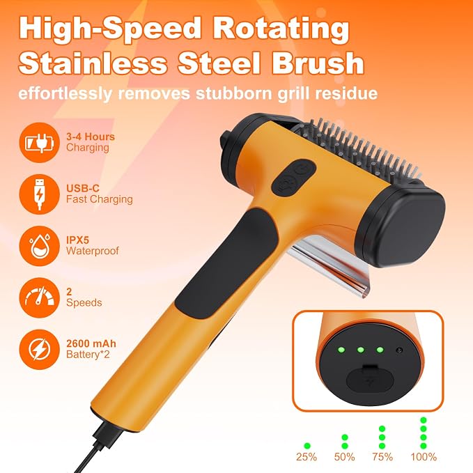 Electric Grill Brush – 2600mAh Rechargeable Outdoor Grill Cleaner, 2-Speed Adjustable (Up to 1000 RPM), 2 Replacement Heads, with LED Light, for BBQ Grates/Camping Stoves (Orange)