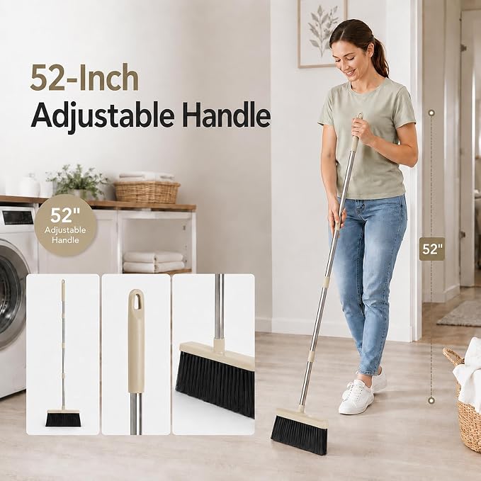 Broom and Dustpan Set, 52-Inch Handle, Comb Teeth, Gray Yellow | Long handle broom set for home, kitchen, apartment andstorage