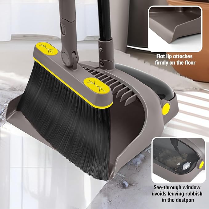 JEHONN Broom with Dustpan Combo Set Lightweight 54'' Long Handle Swivel Broom Indoor Patented Openable Dust Pan Tail for Kitchen Home Office (Brown Yellow)