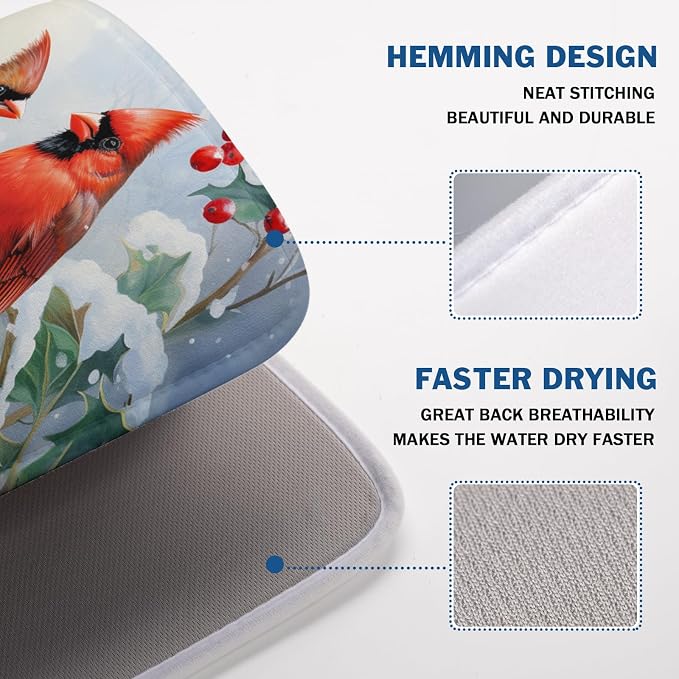 Winter Cardinal Birds Dish Drying Mat, Holly Berry Branches Dish Drying Mat for Kitchen Counter, Red Birds Absorbent Fast Dry Dish Drainer Mat Protector Xmas Microfiber Dish Drying Pad 18x24 Inch