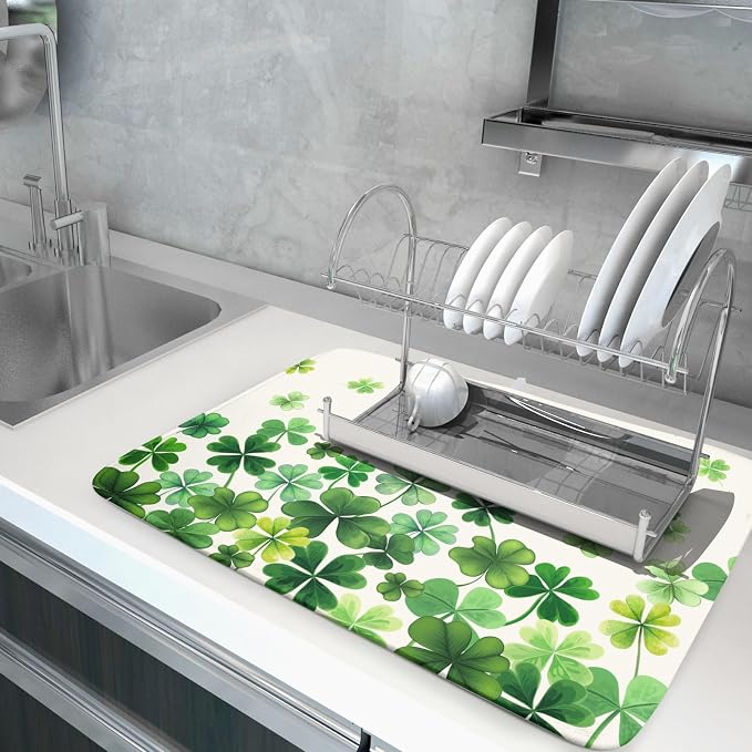 Happy St. Patrick's Day Dish Drying Mat for Kitchen Green Kitchen Dish Drying Mat for Dishes Spring Lucky Clover Shamrock Drying Mats 18x24 Inch Absorbent Reversible Dish Pad for Countertop Coffee Bar