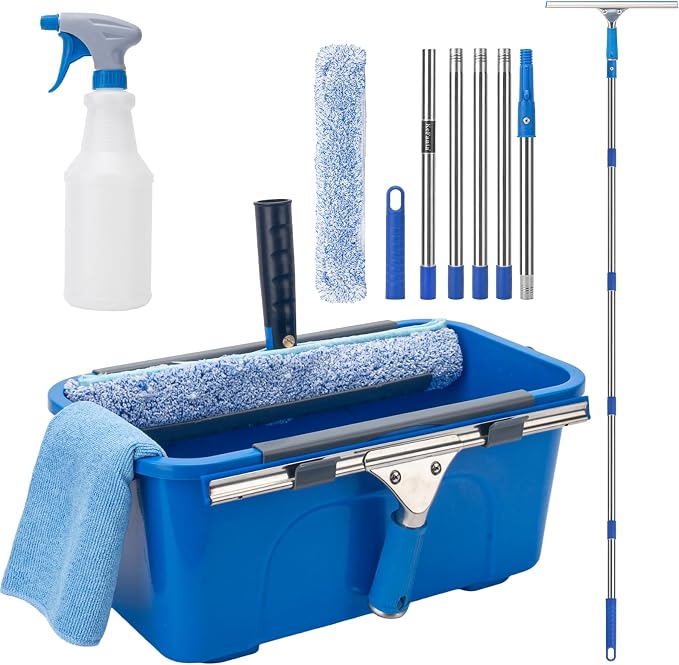 Professional Window Cleaning Kit with 6ft Long Handle, 3 Gallon Bucket | 14" Squeegee,15" Scrubber,Spray Bottle,Cloth,Window Washing Equipment Cleaner Tool for Outdoor Commercial Household