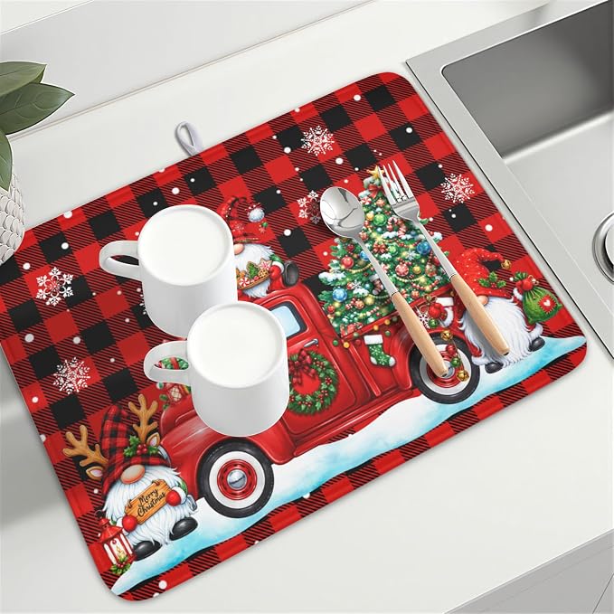 Christmas Dish Drying Mat for Kitchen Counter Xmas Gnome Truck Red Black Buffalo Plaid Dish Drainer Mat Rustic Farmhouse Holiday Absorbent Washable Drying Pad 18"x24"
