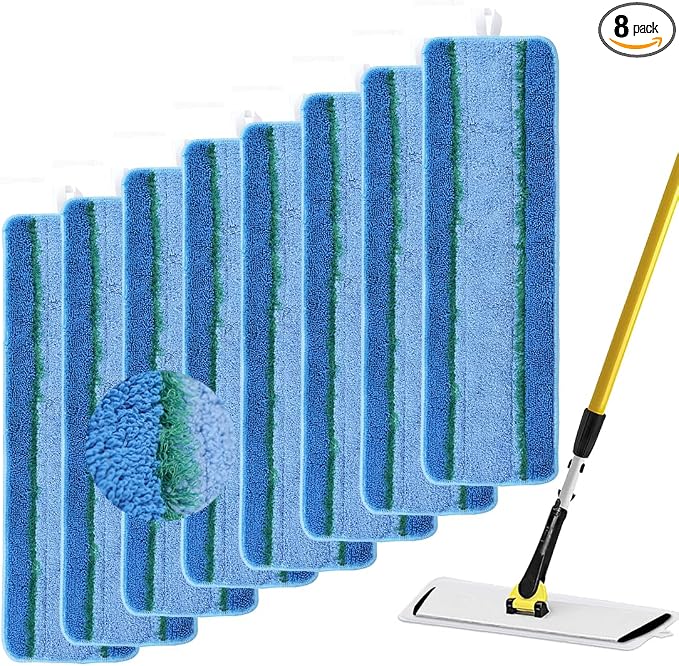 Upgraded Replacement Microfiber Mop Pads for Rubbermaid Commercial 18 Inch Mop 17 Inch Mops, Reusable Wet & Dry Commercial Cleaning Flat Mops System 18" 17" Refill Head for Multi-Surface Floor-8 Pack