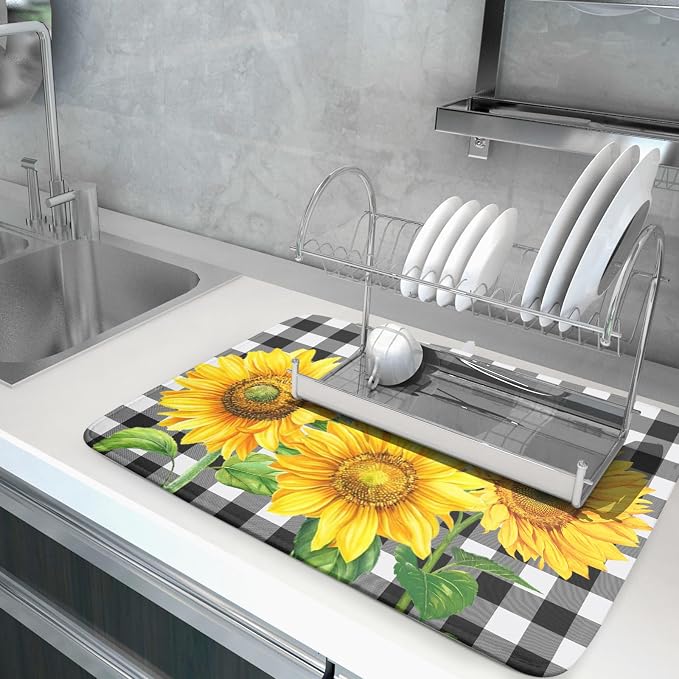 Sunflower Dish Drying Mat for Kitchen Counter Black White Buffalo Plaid Microfiber Absorbent Dish Draining Reusable Washable Foldable Extra Large 18"x24"