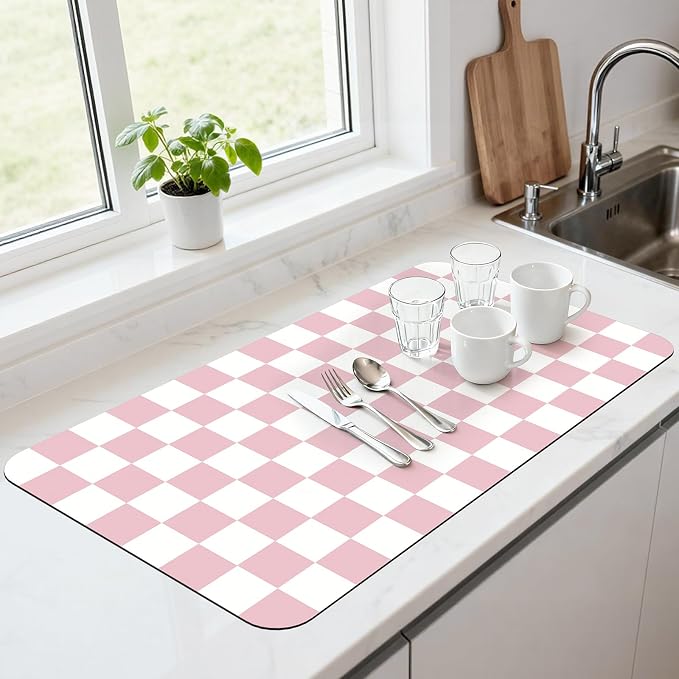 17" x 32" Checkered Dish Drying Mat for Kitchen Counter, Absorbent Coffee Bar Mat for Espresso Machine Coffee Countertops Accessories, Pink