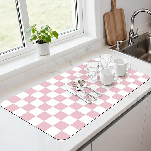 17" x 32" Checkered Dish Drying Mat for Kitchen Counter, Absorbent Coffee Bar Mat for Espresso Machine Coffee Countertops Accessories, Pink