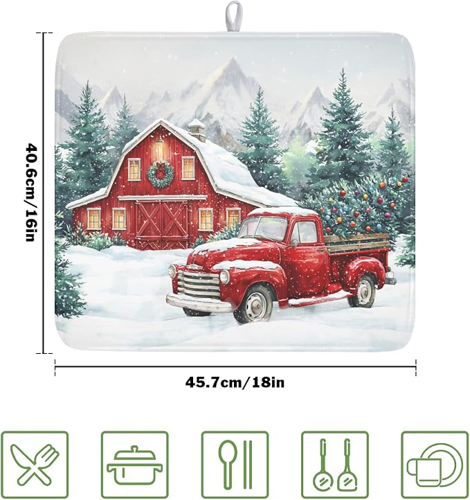 Winter Snowscape Dish Drying Mat for Kitchen Counter Christmas Red Truck Trees Dish Drainer Mat Xmas Holiday Rustic Farmhouse Absorbent Washable Drying Pad 16"x18"