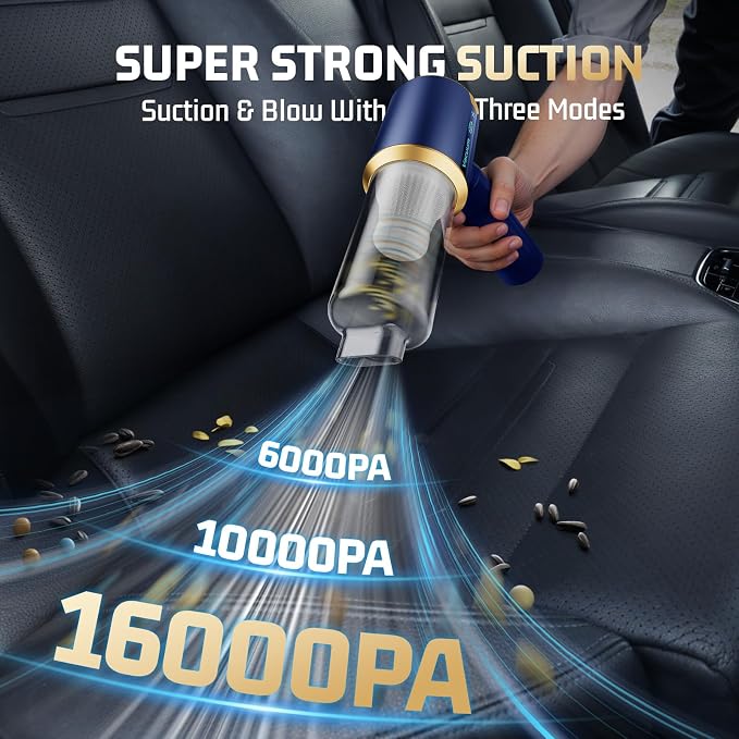 Cordless Car Vacuum Cleaner: 7-in-1 & 16000Pa Suction - Navy Blue | Handheld Vacuum Cleaner with Brushless Motor - LED Battery Display & Type-C Charging - For Car, Home, Pet Hair