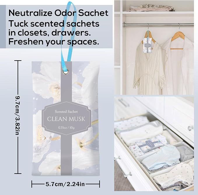 SCENTORINI Scented Sachets for Drawer and Closet, Pure Musk Scent 14 Pack | Long-Lasting Sachets Bags Gift Set, Wardrobe Freshener for Dresser, Closet, Clothes Storage, Suitcases, Gym Bag, Locker