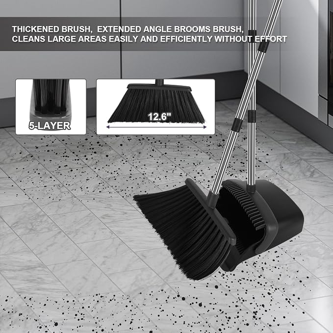 Black Broom and Dustpan Combo Set, 55" Long Handle Broom | Large Area Outdoor Cleaning, Extended Reach Design, Built-in Comb Dustpan, Foldable Storage for Garage, Patio & Home