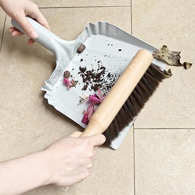 Metal Dust Pan and Brush Set Heavy Duty for Fireplace Garage Shop 9" Wide | Small Hand Broom and Dustpan for Woodstove Ash Cat Litter Outdoor Camping Soft Bristle Wooden Dusting Brush Indoor Cleaning