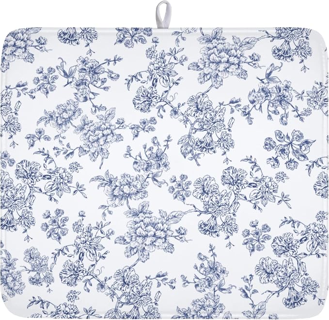 Blue Floral Dish Drying Mat for Kitchen Counter Chinoiserie Flower Microfiber Dish Drainer Mat Vintage Rustic Elegant Absorbent Washable Drying Pad Extra Large 16"x18"
