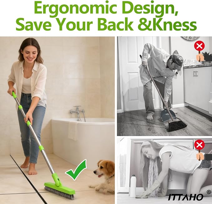 2 Pack Grout Brush with Long Handle, Swivel Cleaning Grout Line Scrubber - Durable Handle Grout Cleaner Brush for Bathroom,Tile,Baseboard,Walk in Shower,Corner & Narrow Space (Green)