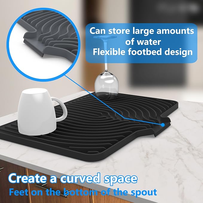 Dish Drying Mat for sink with a bulged edge,18"×12"Silicone Self-Draining | Various sizes and colors,Self-Draining Slope Structure,Enabling faster drying,Heat-Resistant,Easy to clean,Food-grade