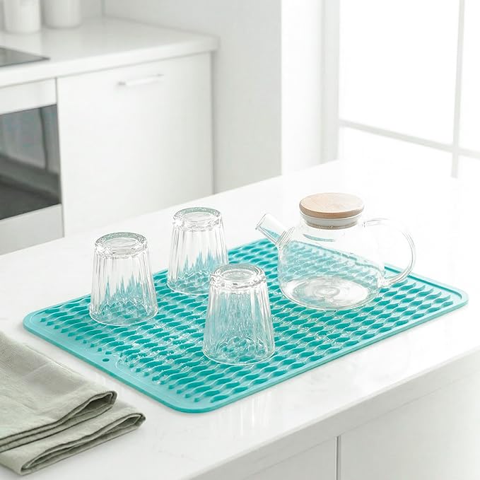MicoYang Silicone Dish Drying Mat — Quick-Dry Ridges Counter & Sink Pad, Heat-Resistant Trivet to 450°F, Non-Slip & Dishwasher Safe, Roll-Up Storage, 18 Colors & 9 Sizes (Mint, 16"×12")