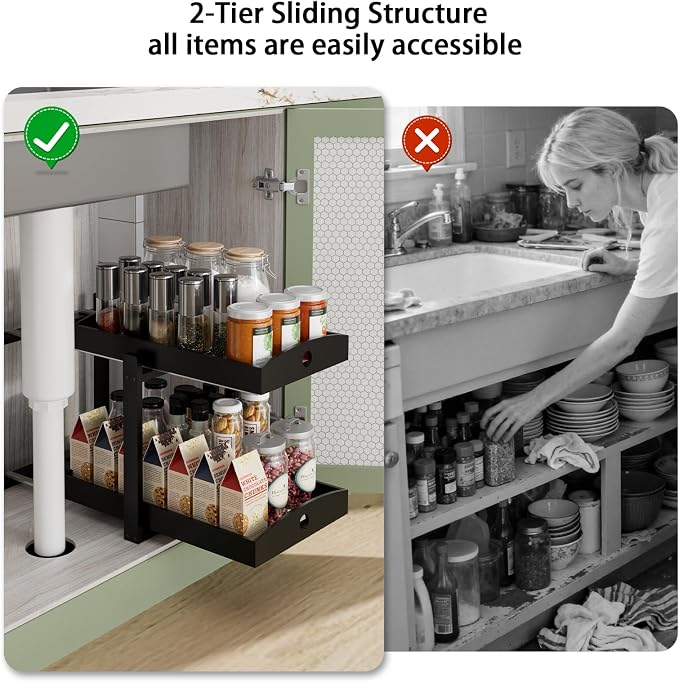 APRTAT 2 Pack Under Sink Organizer, Bamboo Wooden 2-Tier Pull-Out Storage with Sliding Drawers for Kitchen and Bathroom Cabinets, Easy Installation (Black)