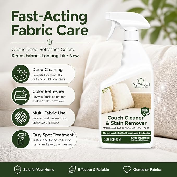 NOYATECH Couch Cleaner and Stain Remover Spray - Professional Strength Non-Toxic Multi-Surface Fabric and Upholstery Cleaner for Couches, Sofas, Sectionals, Microfiber & Car Interiors, 32 oz