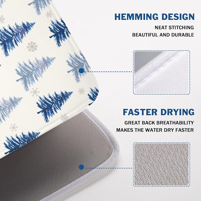 Winter Dish Drying Mat 18 x 24 Inch Blue Tree Dish Drying Pad Absorbent Microfiber Mats for Snowflake Dish Rack Pad for Holiday Kitchen Counter Coffee Bar Decor