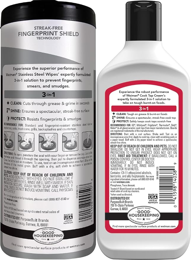 Weiman Heavy Duty Cooktop Polish & Stainless Steel Wipes - Powerful Appliance Kitchen Cleaning Kit - Packaging May Vary