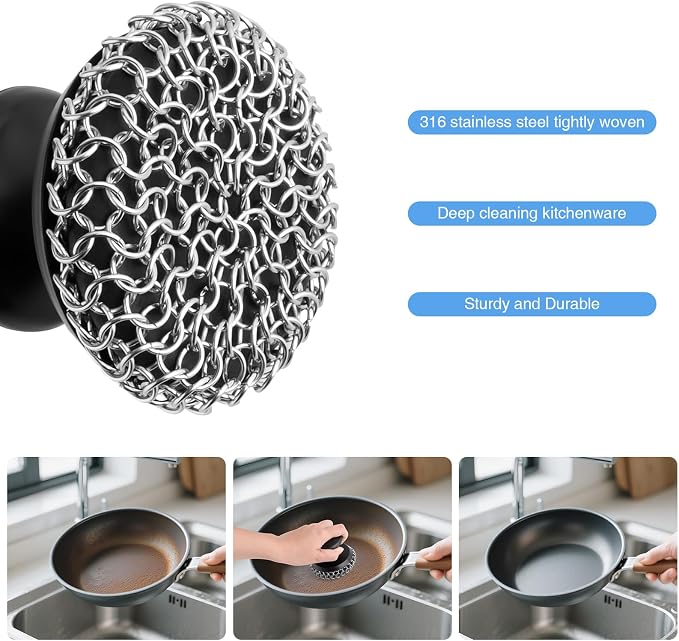 2PCS Cast Iron Scrubber Cleaner, Chainmail Scrubber for Cast Iron Pan Skillet, Dish Scouring Pad, 316 Stainless Steel Brush/Scraper for Metal Skillet Scrubbing, Wok, Dutch Oven Cleaning Kit - Thick