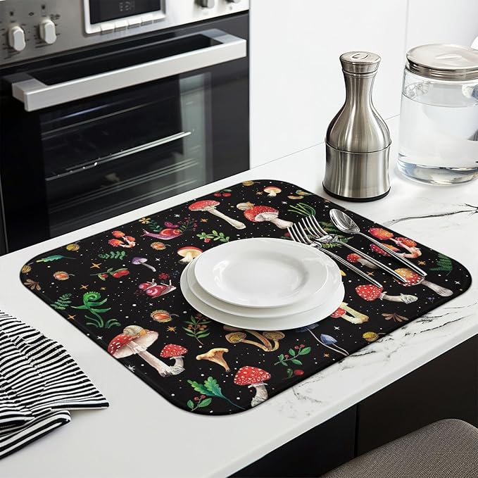 Mushroom Dish Drying Mat for Kitchen Counter Fast Absorbent Microfiber Dishes Drainer Mat for Dishes Drying Pad for Dishes, Utensils, Pots and Pans Kitchen Decor 16x18 in