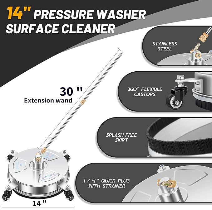 LidoDola 14'' Pressure Washer Surface Cleaner, Power Washer Accessory | Stainless Steel Housing with 4 Wheels, 1/4" QC, 2 Extension Wands & 2 Replacement Nozzles, for Gas & Electric Pressure Washer
