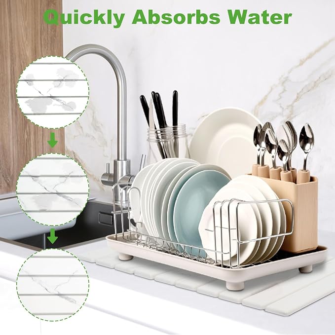 Large Stone Drying Mat for Kitchen Counter - 24"x16"Quick Drying Fast Absorbent Non-Slip kitchen Dish Drying Mats, Friendly Foldable Diatomaceous Earth Mats for Dishes Cups,Match Any Countertop