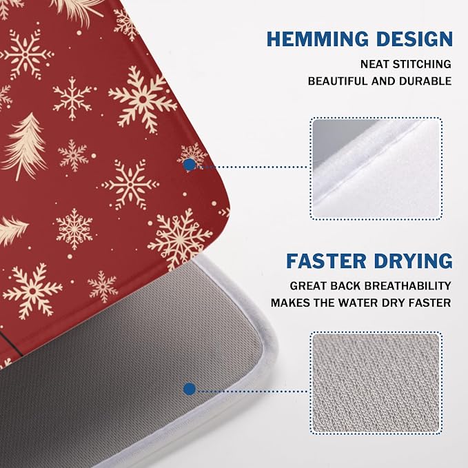 Christmas Snowflake Dish Drying Mat for Kitchen Counter 18x24 Inch | Red Xmas Theme Snowflakes Trees Snowy Dish Drainer Mat Rustic Winter Holiday Absorbent Washable Drying Pad